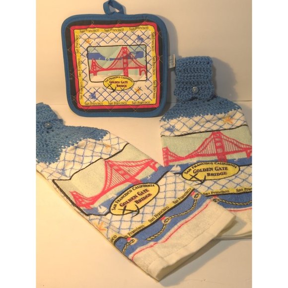 Hand crocheted TOWELs with‎ matching POT HOLDER SET NEW San Francisco bridge - Picture 5 of 7